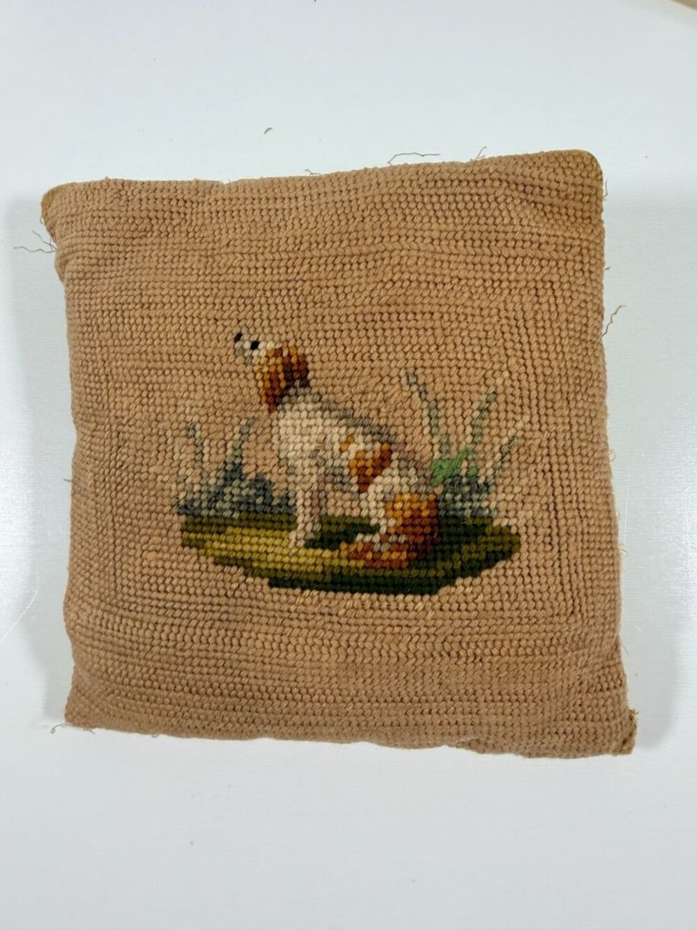Vintage Needlepoint Hunting Dog Irish Setter Throw Pillow 8x8" Green Satin Back